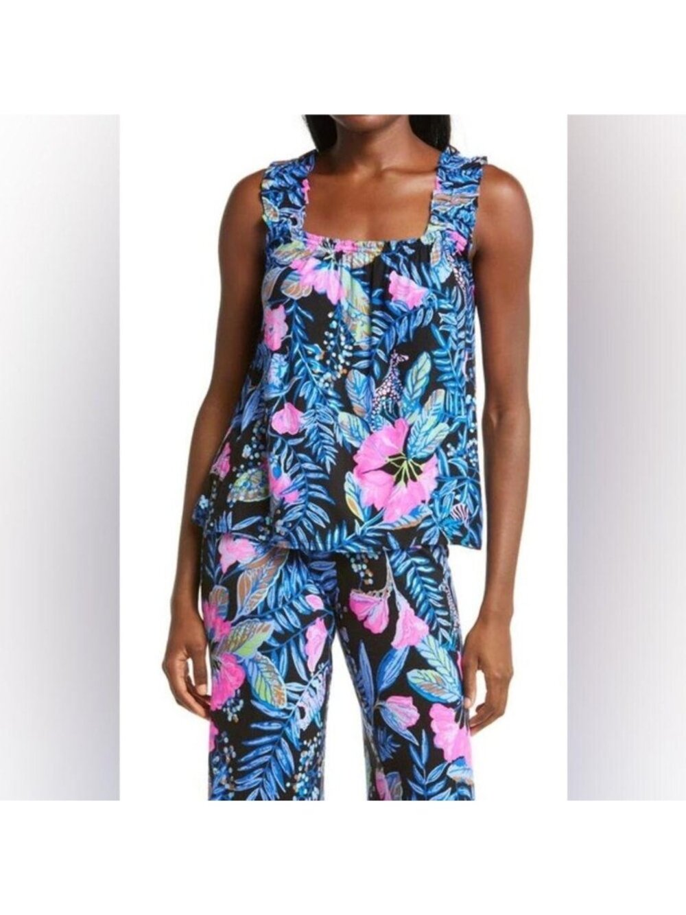 Lilly Pulitzer Floral Print Sleeveless Ruffle Top Lg Multicolor bright tropical